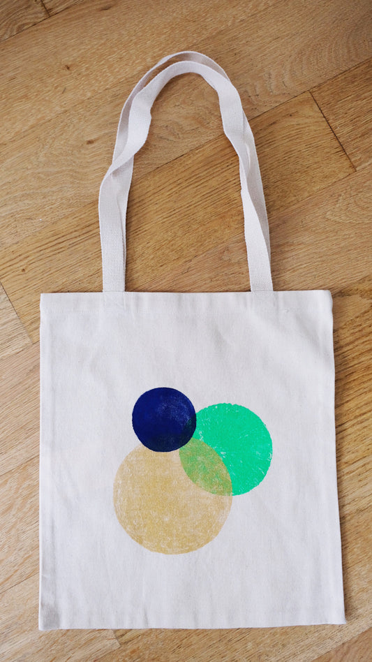 Totebag sérigraphié vert bleu or